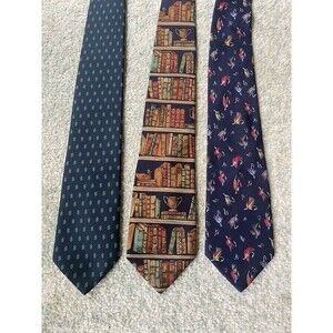 LOT (3) Alynn Mens Neckties Silk - Dollar Signs, Library, Books, Fly Fishing